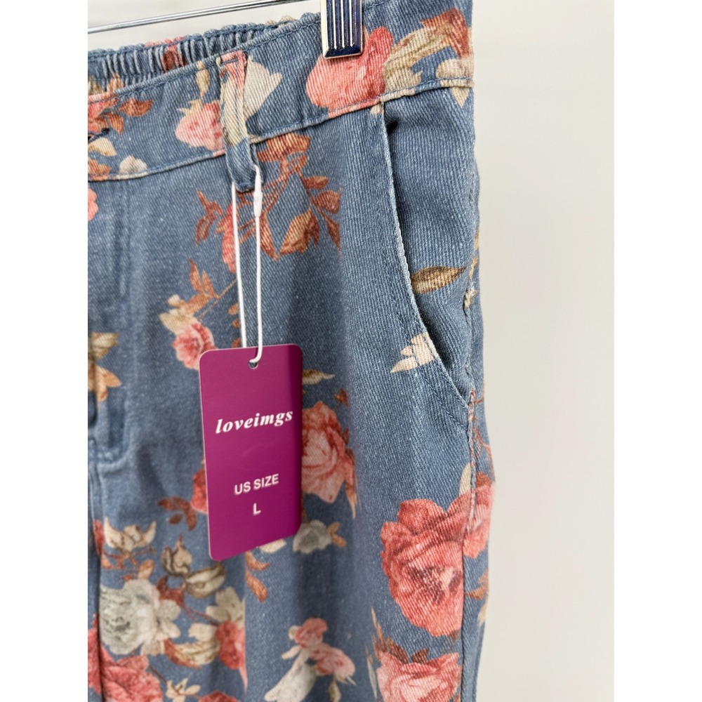 Loveimgs Women Blue Floral Denim Wide Leg Pants High Rise NWT Size Large - Picture 4 of 10